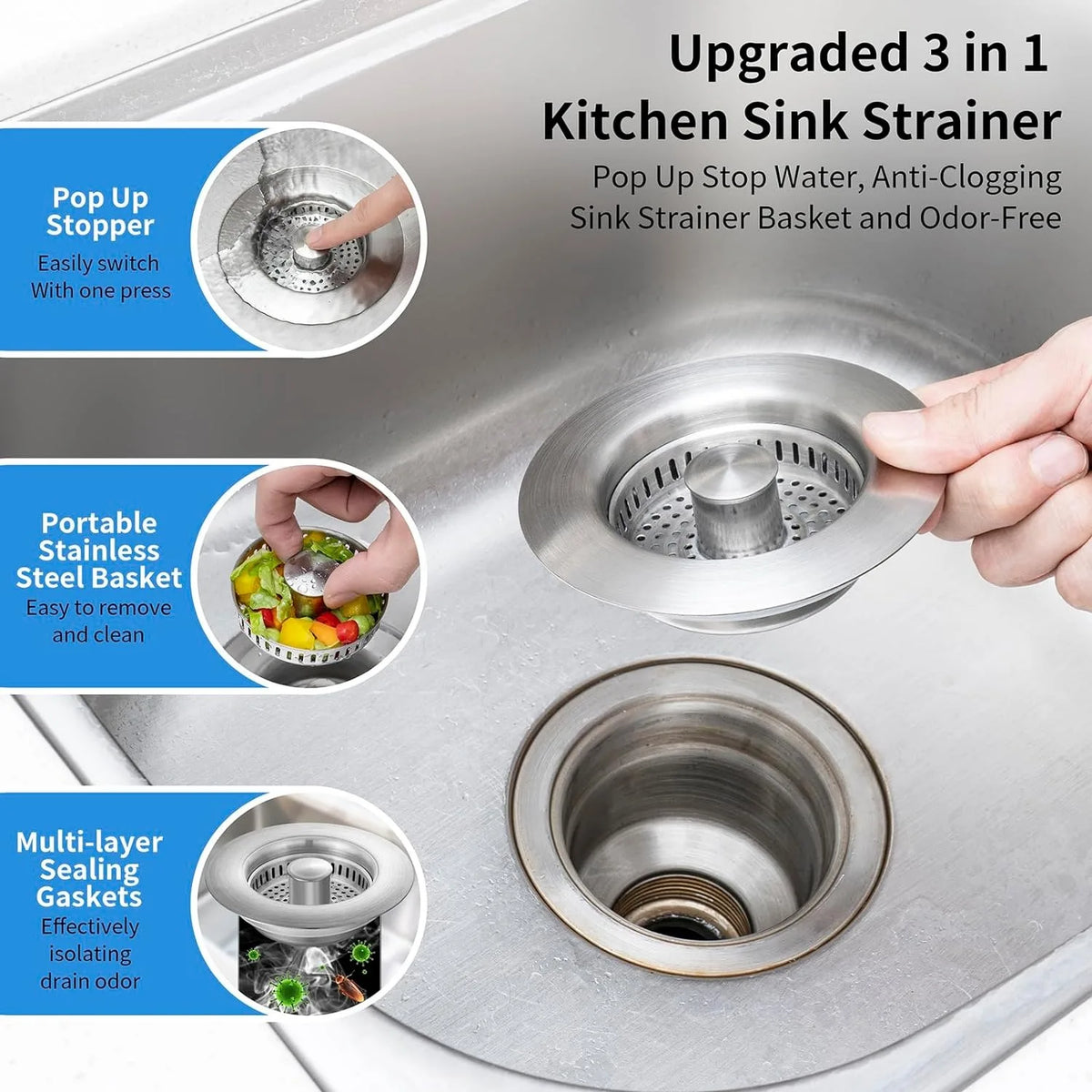 3-In-1 Stainless Steel Sink Strainer